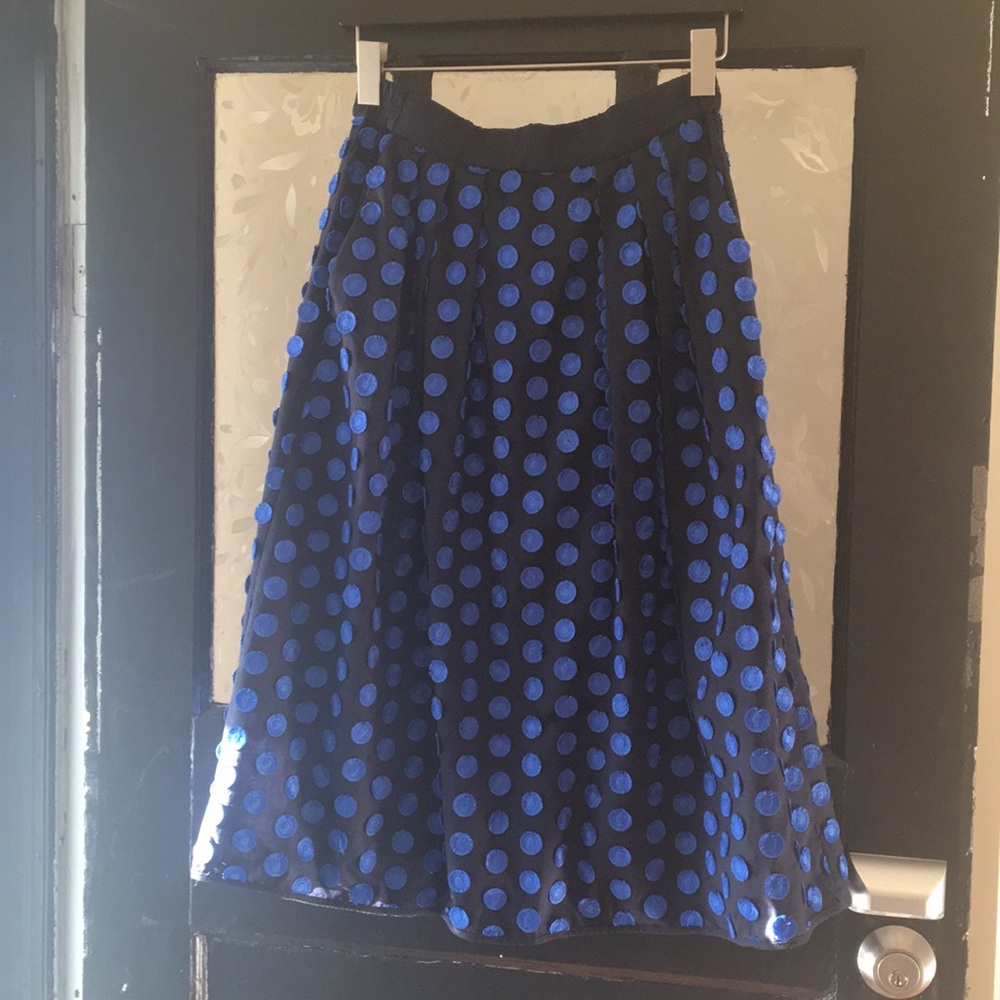 JCrew midi skirt with blue dot appliqué